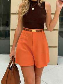 Pantalones cortos de trabajo casuales de verano de unicolor para mujer - Naranja Quemada - Ver 4