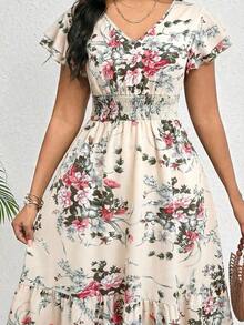 xheSHEIN Lady Vestido elegante de longitud media con cintura ceñida y estampado floral casual para mujer, veranoxhe - Albaricoque - Ver 7