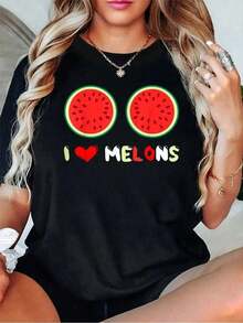 Algodón Camiseta % Algodón Con Estampado De Sandía, Cuello Redondo, Manga Corta, Suave Y Elegante, Para Mujer. Camiseta Con Gráficos.100% Cotton - Negro - Ver 5