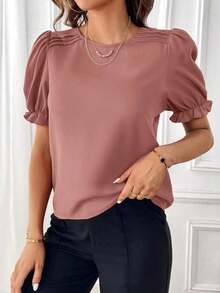 Camisa de manga abullonada de unicolor para mujer, blusas de manga corta - Rosa vieja - Ver 5