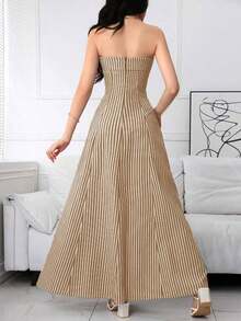 Vestido largo elegante sin tirantes con cremallera en la espalda a rayas para mujer, uso diario casual - Caqui - Ver 2