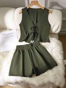 Set de 2 piezas de conjunto informal de mujer de unicolor con nudo, elegante para primavera/verano - Verde Oliva - Ver 7