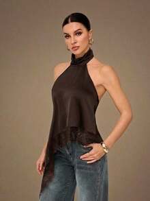 2026 Tall Backless Camisole Top With Elegant Lace Trim, Sexy Patchy Satin Sleeveless Blouse For Parties, Cocktails, Formal Occasions, Christmas, Business Casual - 棕色 - 查看 4