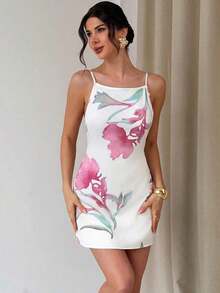 Vestido casual de mujer con estampado floral amarillo, tirantes finos y espalda descubierta, vestido suelto de estilo hawaiano para vacaciones, vestidos de verano amarillo mantequilla para mujeres - Beis - Ver 1