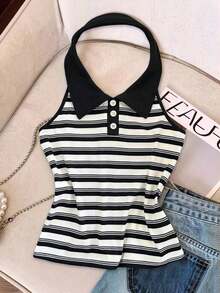 Top sin espalda con cuello de halter a rayas, estilo francés, para mujer.Verano, adelgazante y rejuvenecedor - Multicolor 2 - Ver 4