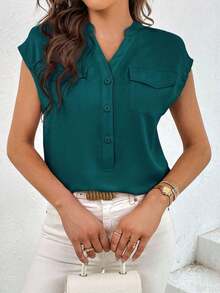 Camisa Con Cuello Vuelto De Color Liso Para Mujer Con Bolsillo Con Solapa - Agua verde azul - Ver 4