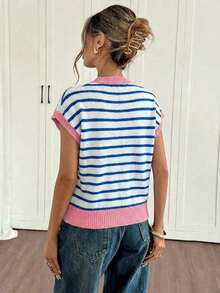 Blusa de punto de manga de murciélago con rayas de color contrastante, casual de verano para mujer - Rosa - Ver 2