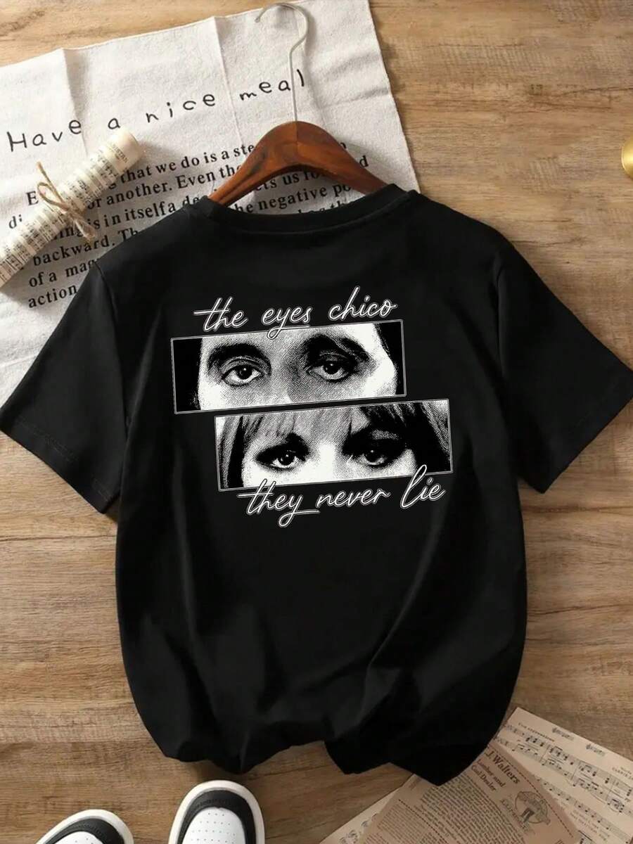 Camiseta casual de manga corta para mujer, con estampado frontal y trasero, "Los ojos no mienten", estilo chic, moderna, de una sola pieza, cuello redondo, ideal para verano y primavera, ropa de mujer