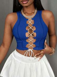 Top corto sin mangas con contraste de color acanalado, estilo casual básico, deportivo, sexy y de calle Y2K para mujeres - azul real - Ver 4
