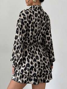 Vestido casual y elegante de manga larga con volantes y estampado de leopardo para mujer - Gris Claro - Ver 2