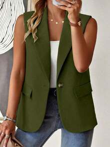 informal sin mangas con cuello francés y botones de unicolor para mujer de talla grande - Verde militar - Ver 7