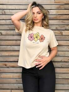 Women's Casual T-Shirt, Regular Length, Round Neck, Short Sleeves, Colorful Floral Print, Slightly Stretchy Fabric, A Great Choice For Everyday Wear. - 杏色 - 查看 1