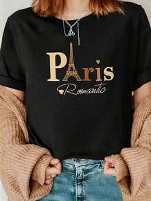 Playera negra de mujer con estampado Paris y Torre Eiffel, manga corta, cuello redondo, top casual romántico para uso diario - Negro - Ver 1
