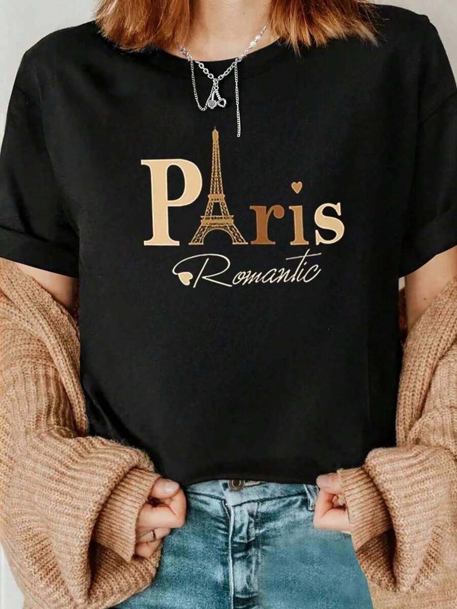 Playera negra de mujer con estampado Paris y Torre Eiffel, manga corta, cuello redondo, top casual romántico para uso diario - Negro - Ver 1
