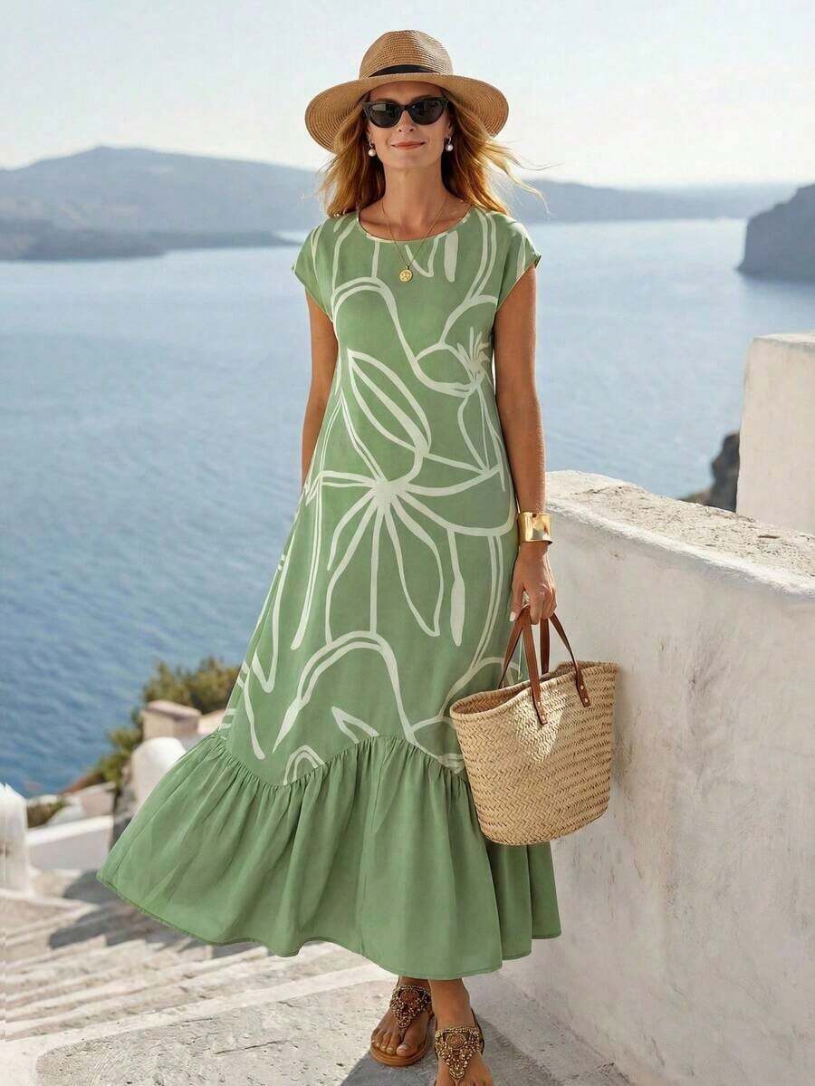 Vestido largo de manga corta de verano para mujer con patrón de rayas y color sólido combinados en el dobladillo - Verde - Ver 1