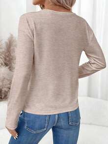 Camiseta de manga larga con cuello en V regular y estilo minimalista casual, adecuada para otoño/invierno - Albaricoque - Ver 2