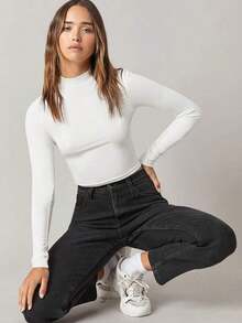 Camiseta corta de cuello alto sólida de tortuga blanca para mujer - Blanco - Ver 1
