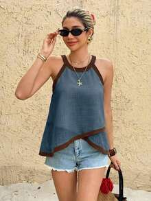 Frenchy Blusa de diseño sencillo con cuello redondo y ribete de contraste sin mangas, Parte superior sin mangas con diseño de ribete de color block y bajo asimétrico, Tela de textura de lino slub, Camiseta sin tirantes envolvente de cuello halter de nicho versátil, Blusa blanca, Fresca y artística, Para vacaciones de verano, Elegante blusa de mujer, Parte superior para dama de honor, Parte superior para fiesta - Azul - Ver 5