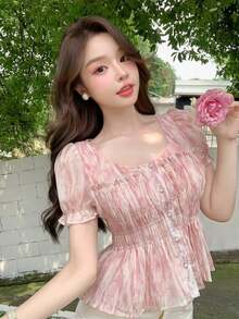 Blusa de verano con volantes y estampado todo sobre, ropa de otoño - Rosa - Ver 2