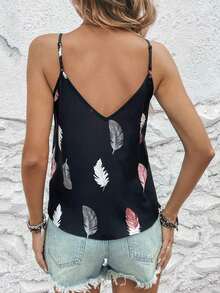 Top de tirantes casual con estampado de plantas para mujer, top de verano para vacaciones, top de verano para mujer, top tipo camiseta de verano casual, top tropical de verano, top casual de verano para mujer, top tipo camiseta de verano para mujer, - Negro - Ver 2