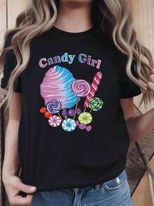 Camiseta de Mujer con Estampado Colorido "Candy Girl", Top de Moda Urbana para Fiestas y Parques de Diversiones, Manga Corta Dulce y Linda, Camiseta para Uso Diario - Negro - Ver 2