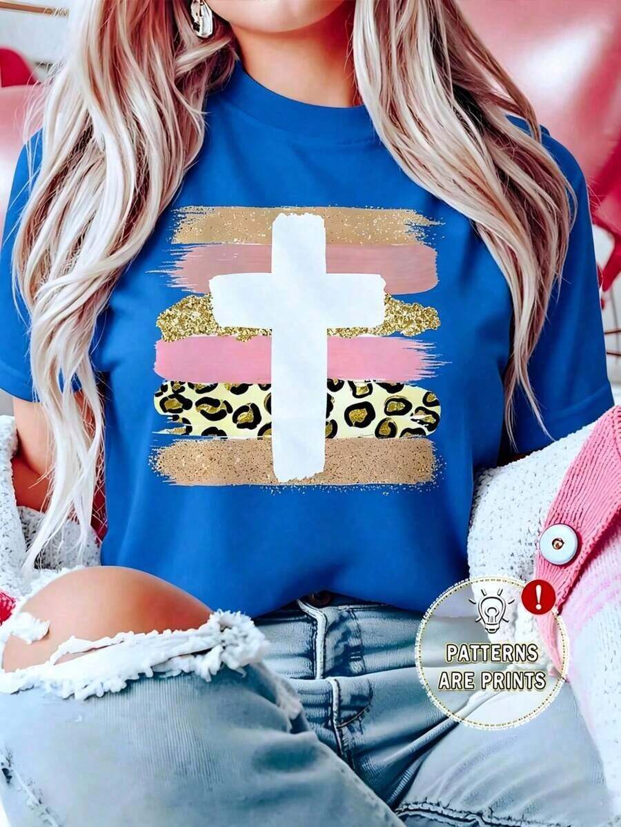 Women's White T-Shirt With Leopard Print Cross And Glitter, Aesthetic Faith Design Short Sleeve T-Shirt, Modern Spiritual Animal Print Top, Fashionable Casual Blouse With Mixed Textures - Vintage Street Style Unisex Cotton Short Sleeve Crew Neck T-Shirt - 藍色的 - 查看 1