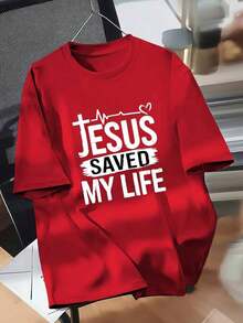 Camiseta de algodón de estilo casual para mujer, ropa de talla para mujer, camiseta con estampado de Jesús me salvó la vida, top casual de manga corta y cuello redondo para primavera/verano, ropa de talla moderna para mujer. Estilo versátil adecuado para el verano. - Rojo - Ver 3