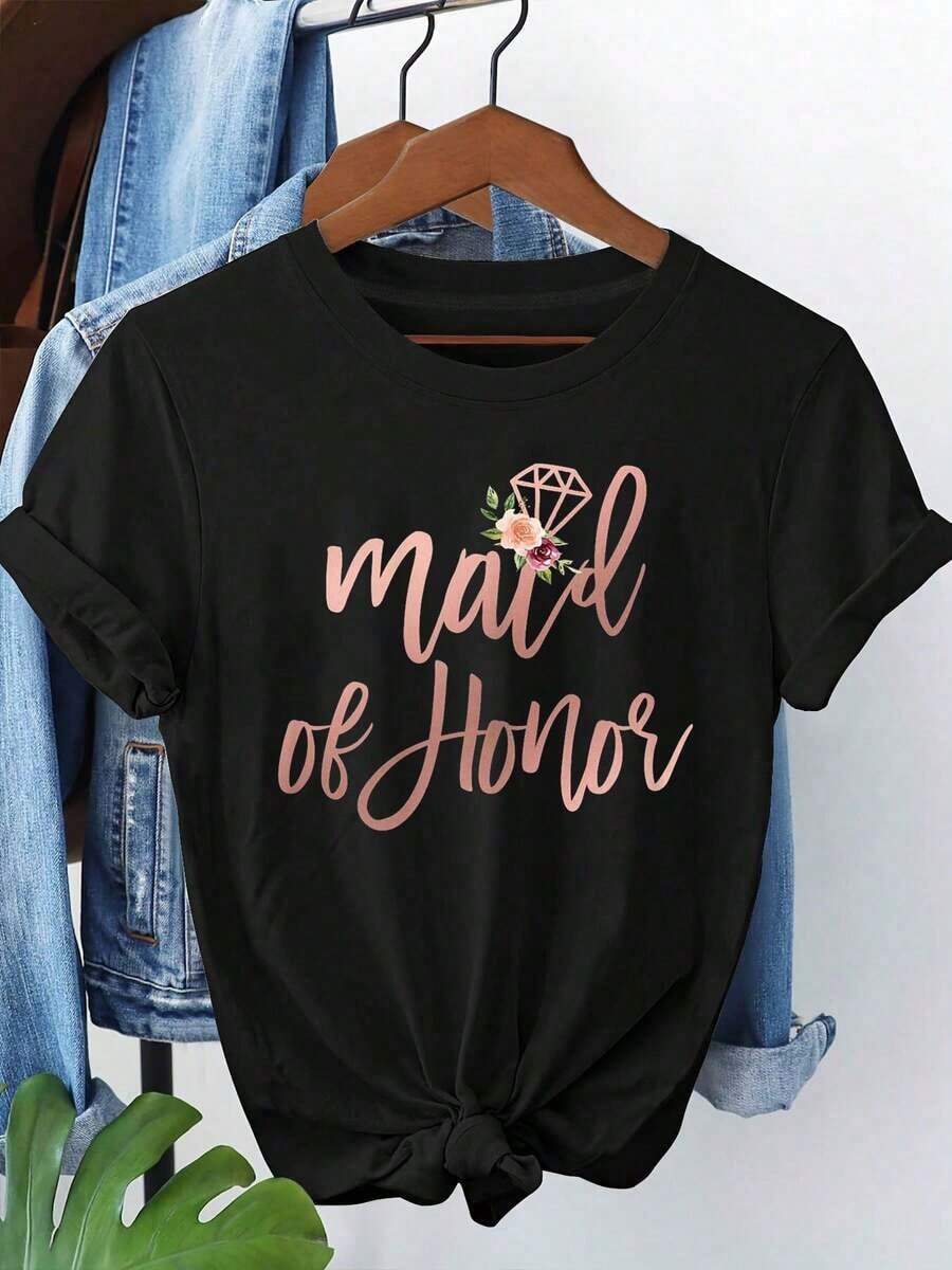 Camiseta personalizada para dama de honor con un toque ceremonial especial, estampada con el diseño "Dama de Honor", camiseta de primavera/verano para mujer en tallas grandes. Adecuada para preparativos de boda, eventos del grupo de damas de honor y para expresar el orgullo de ser dama de honor. De manga corta, ideal para el uso diario en la calle y para crear un ambiente elegante. - Negro - Ver 1