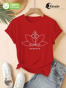 A Comfortable, 100% Cotton Women's T-Shirt With A Stylish Yoga Design Featuring Minimalist Lines And A Lotus Letter Pattern Print. It's Soft, Breathable, And Perfect For Casual Summer Wear; Machine Washable. - [紅色的] - 查看 1