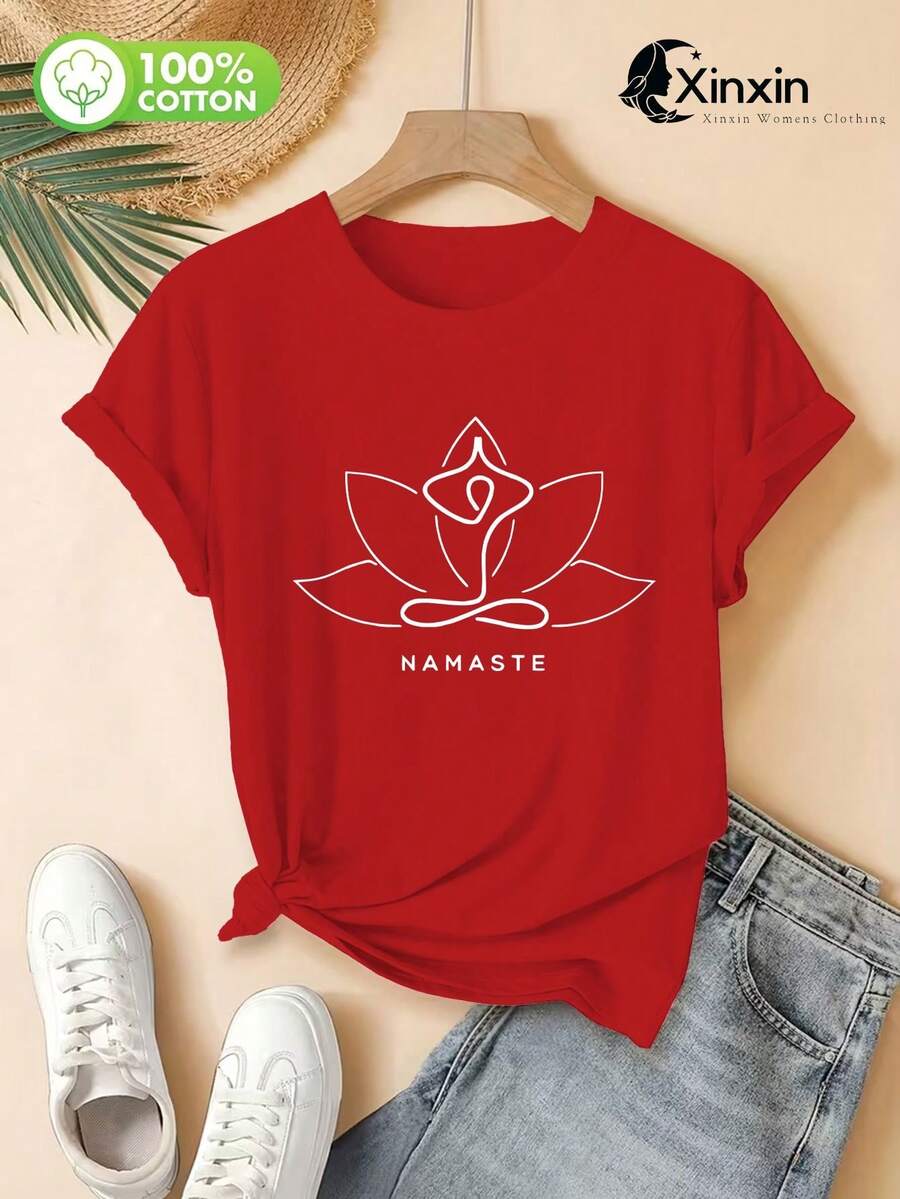A Comfortable, 100% Cotton Women's T-Shirt With A Stylish Yoga Design Featuring Minimalist Lines And A Lotus Letter Pattern Print. It's Soft, Breathable, And Perfect For Casual Summer Wear; Machine Washable. - [紅色的] - 查看 1
