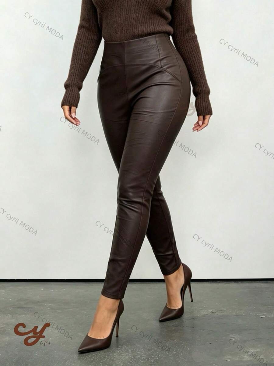 Women's Leather Leggings, Faux Leather, Resin-Coated, Skinny, Fitted, Versatile, With Flannel Lining, Perfect For Everyday Wear. - 咖啡店 - 查看 1