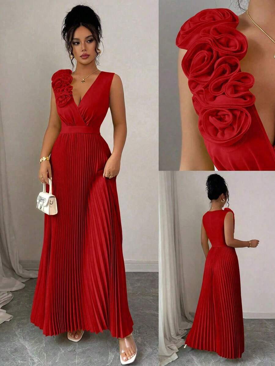 Vestido de verano de cuello en V azul claro con cintura ceñida, aplicación floral en el pecho y falda plisada en línea A, elegante estilo francés - Rojo - Ver 1