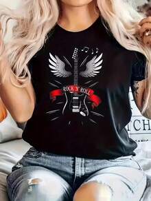 Women's Casual Short Sleeve T-Shirt - Rock Pattern Print With Winged Guitar Design, Machine Washable Round Neck, Music Themed T-Shirt For Spring/Summer/Autumn, High Elasticity T-Shirt, Elegant Party Outfit, T-Shirt For Elegant Ladies, Blouses Suitable For Curvy Women, Prom Skirts, Casual Wear, Adorable Animal Print, Fun Letter Print - 黑色 - 查看 7