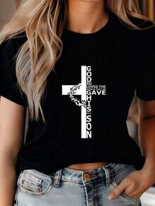 Minimalist T-Shirt With A Bible Verse Print, Suitable For Everyday Wear, Local Shipping, Comfortable And Casual Style, Ideal For A Girlfriend Or Mother, A Fun T-Shirt For Women. Suitable As A Gift. Women's T-Shirt. Blouses > Elegant. Boho Chic. Soft, Breathable, And Comfortable Women's Top, Ideal For Spring, Summer, And Autumn, Perfect For Vacations, Travel, And Everyday Wear. - 黑色 - 查看 3
