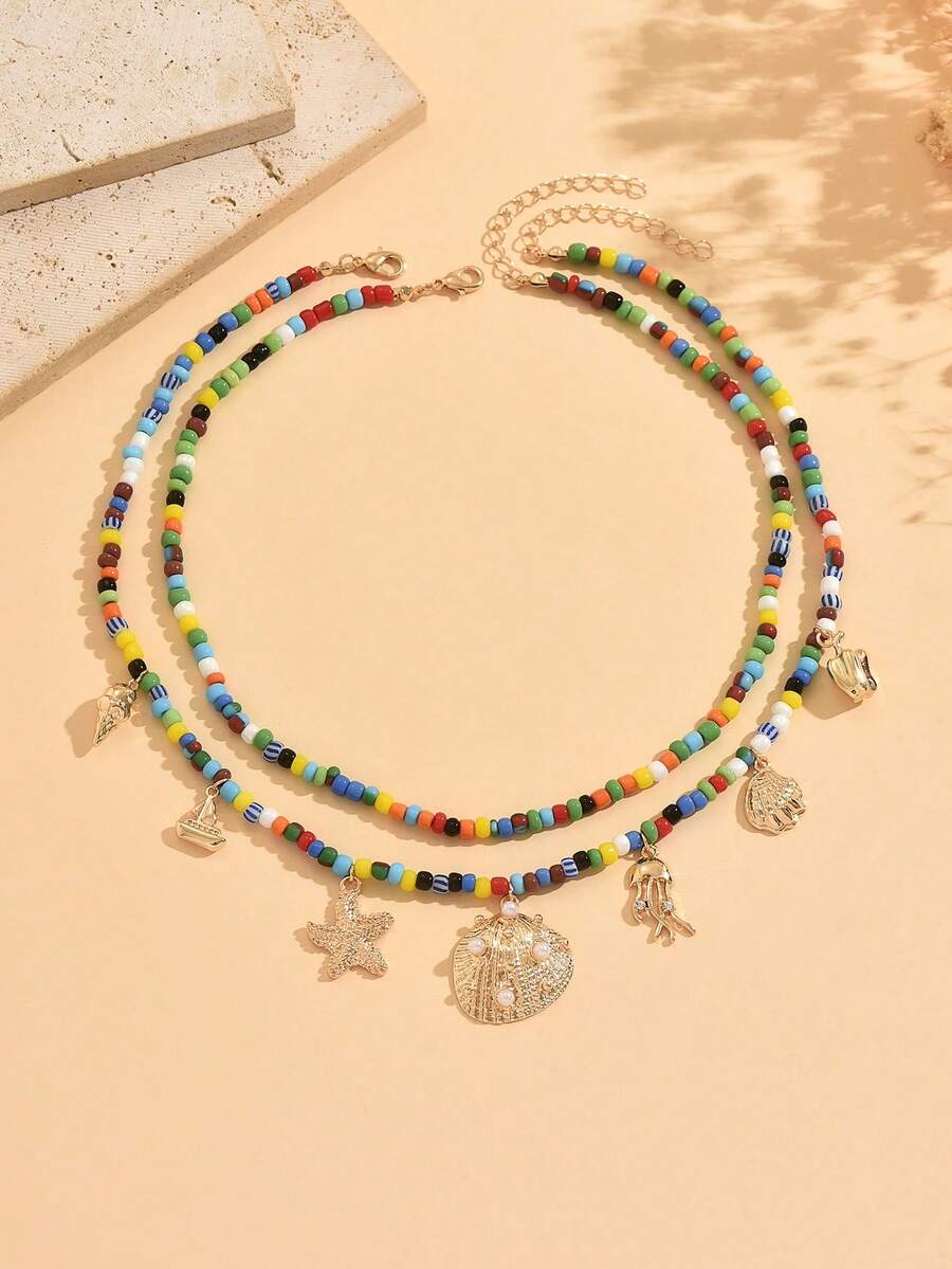 2pcs Fashion Mixed Color Seed Bead Beaded Necklace Set With Alloy Starfish Shell Marine Life Multi- Pendant Decor Layered Necklace For Teen Boys And Girls Versatile Summer Beach Daily Wear Mixed Color Seed Bead Random Color - Multicolor - View 1