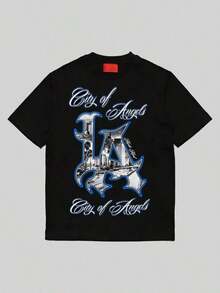 100% Cotton Men's T-Shirt | Graphic T-Shirt | Print With The Text "City Of Angels" And The Initials LA, Featuring A Cityscape And Palm Trees. | Casual - 白色的 - 查看 6
