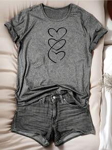 Women's T-Shirt, 100% Cotton, Short-Sleeved T-Shirt With Heart Print For Women, European And American Style - Sporty And Casual, Simple And Athletic, 95% Polyester Fiber, 5% Spandex, 180g, Printed Design, Suitable For All Seasons, Comfortable And Breathable, Fashionable And Versatile, Easy To Match, Elegant And Simple. Plain White T-Shirt - 黑色 - 查看 8