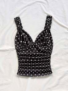 Camiseta de mujer elegante para vacaciones de tela de punto con estampado de lunares, tirantes retorcidos y fruncido, ajuste ceñido, adecuada para vacaciones, citas, té de la tarde, playa, crucero, viaje a la ciudad, vacaciones en la isla, festival de música, vacaciones bohemias, se puede usar por dentro o por fuera.Blusa linda con lunares, top sexy de verano, top de lunares - Multicolor 8 - Ver 4