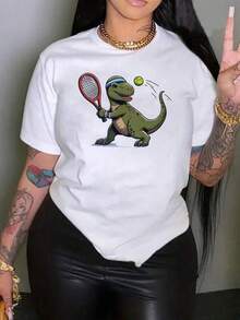 Women's Casual Short-Sleeved T-Shirt With Round Neck And Print, Dinosaur Playing Tennis With Racket, Sizes S-3XL, Fashionable, Comfortable And Breathable, Machine Washable. - 白色 - 查看 1