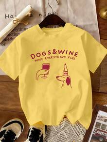 Women's Round Neck T-Shirt, New Fashion 2026, With Cartoon Puppy Print And Wine Red, Versatile For Daily Wear, Casual And Comfortable, Short Sleeve. - 黃色 - 查看 1