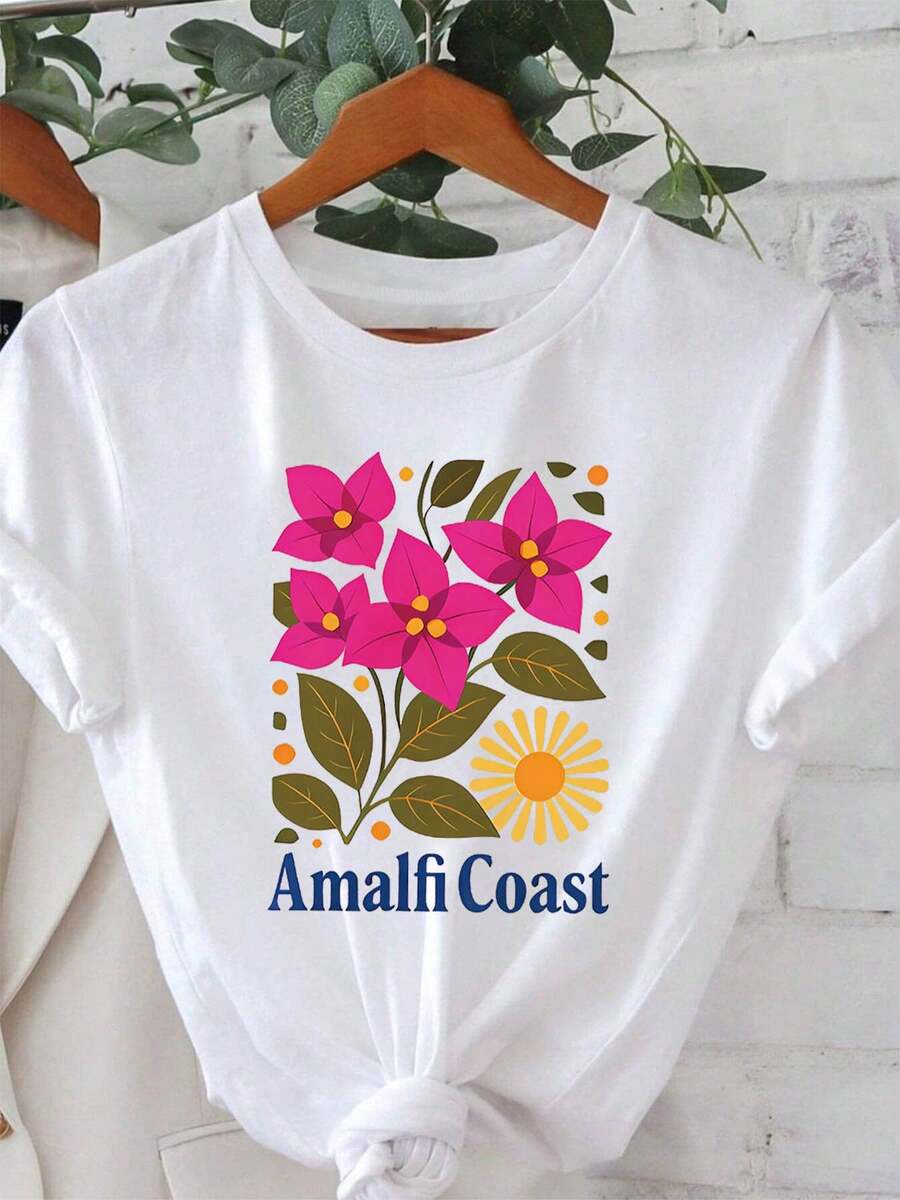 Diseño Simple y Versátil " de Amalfi" Camiseta de Mujer con Estampado de Buganvillas de la de Amalfi, Estilo Vintage Fresco, Manga Corta, Camiseta de Algodón para Viajes y Vacaciones en la Playa - Blanco - Ver 1