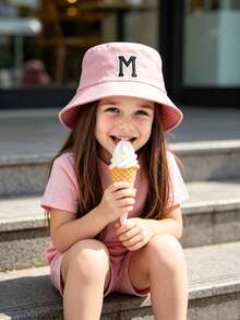 1pc Girls Letter Pattern Bucket Hat, Practical Children's Gift, Suitable For 3-16 Years Old Girls, Spring/Summer Outdoor Activities, Hiking, Fishing, School Use - Pink - View 3