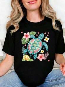 Camiseta de Mujer con Estampado Floral de Tortuga Marina, Camiseta de Verano para Mujer, Camiseta de Playa, Camiseta de Océano, Regalo para Amantes de la Naturaleza, Camisetas Gráficas Unisex, Camiseta Divertida - Negro - Ver 6