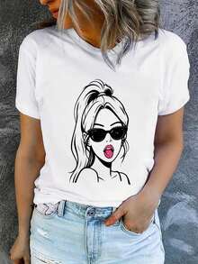 Camiseta de verano para mujer, de manga corta y estampada, moderna y casual, lavable a máquina, ajuste cómodo, estampado plano 2D. - Blanco_09 - Ver 12