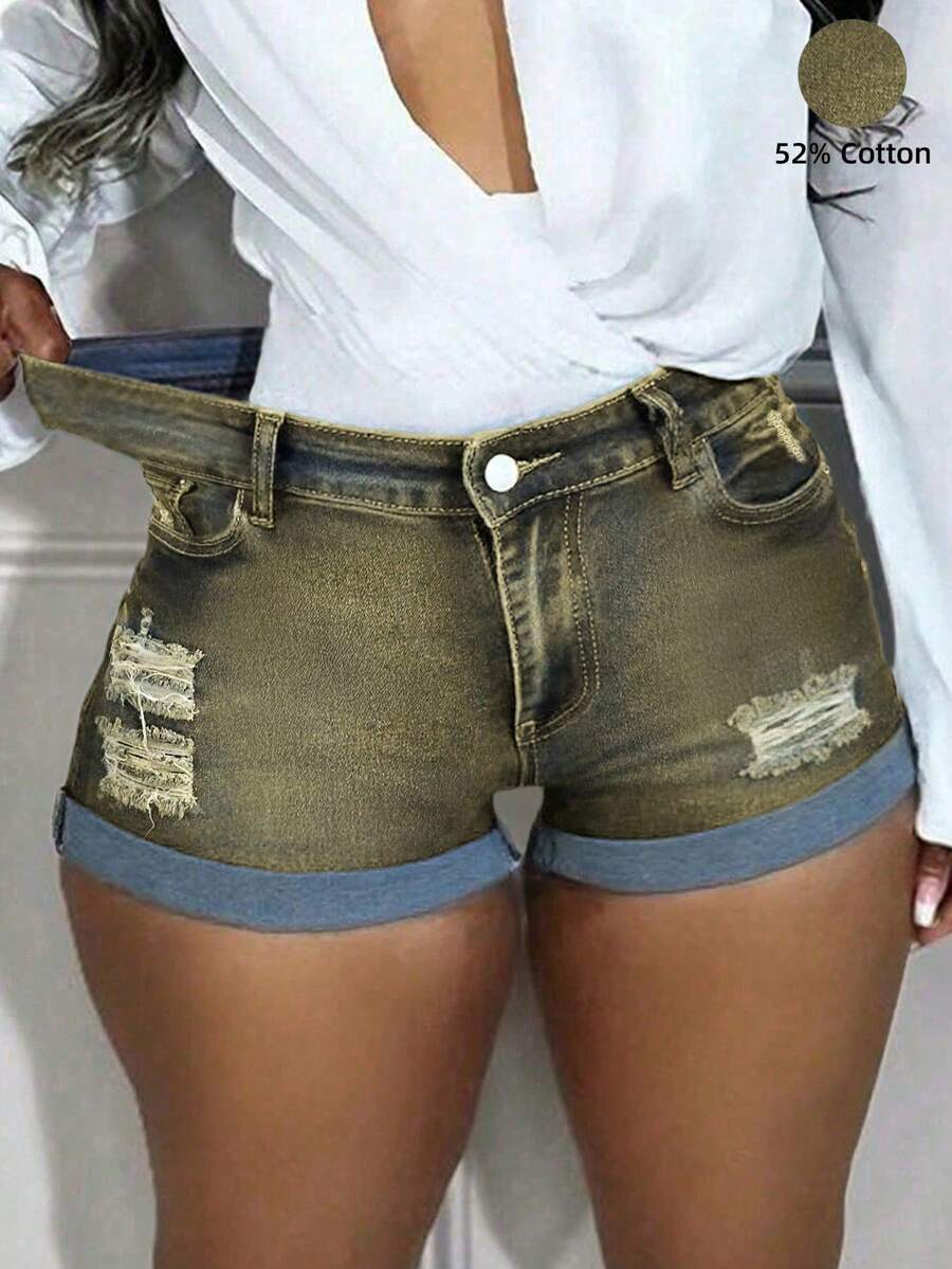 女款夏季休閒派對捲邊牛仔短褲 音樂祭性感彈性破洞緊身牛仔褲 毛邊褲腳附口袋 - 藏蓝色 - 查看 1