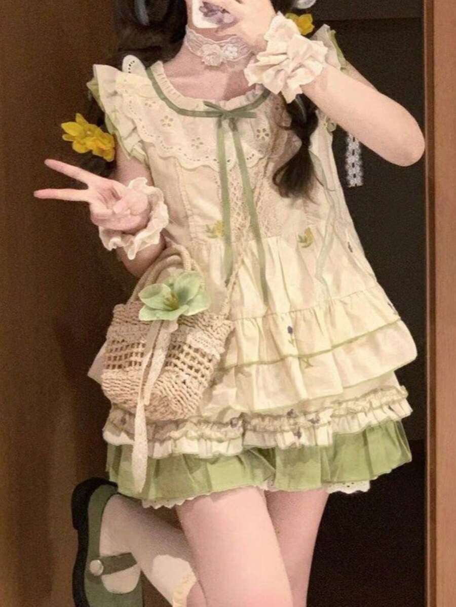 Women's 2-Piece Set: Top With Ruffled Sleeves And Floral Print, Color-Blocked Top, And Ruffled Skirt. Layered, Mini Length, Casual, Summer, Cute, Perfect For Dates. - White and Green - View 1