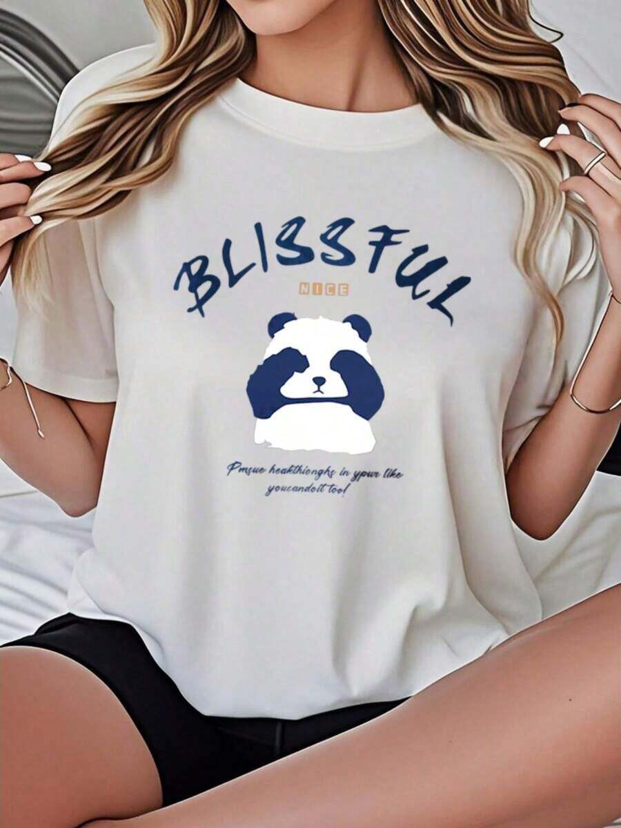 Playera Holgada para Mujer con Diseño de Estampado de Panda Blissful Mice, Transpirable - Blanco - Ver 1