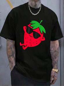 Fashion Printed T-Shirts For Women, Oversized Streetwear Tops, Comfortable And Stylish All-Match Summer Tees, Cotton Casual T-Shirt, Cute Strawberry Fruit Relaxing Lazy Strawberry Graphic T-Shirt For Women And Men - 黑色 - 查看 5