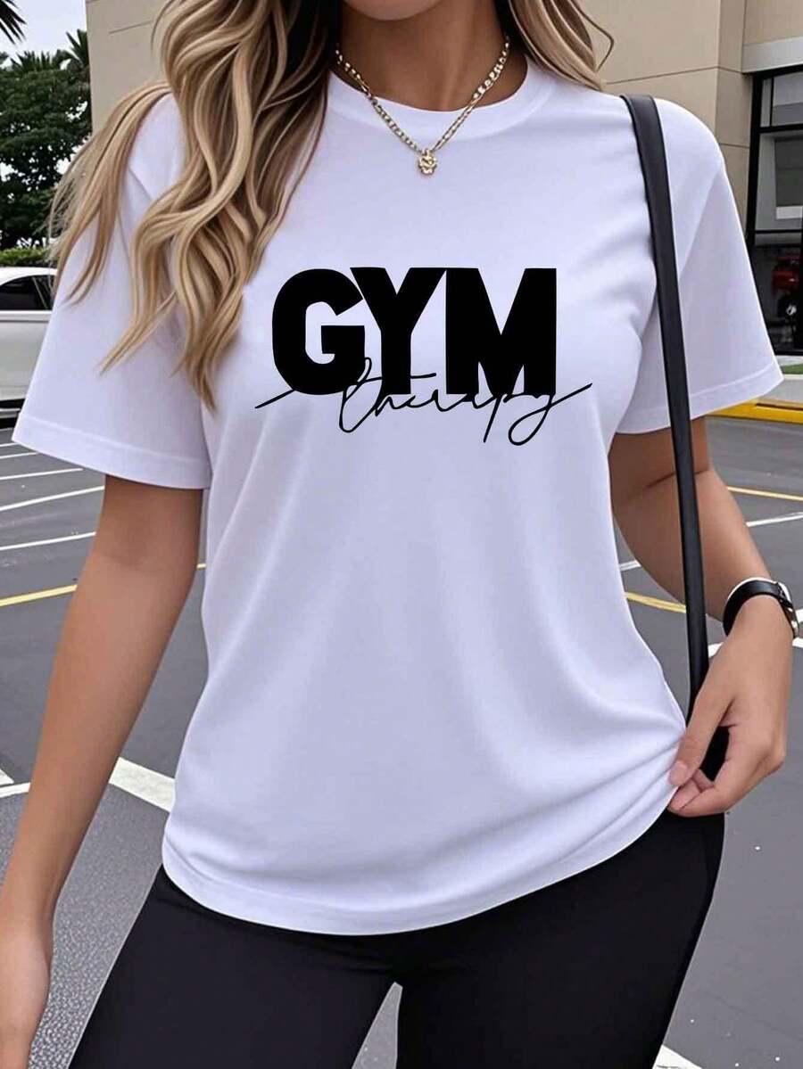 Women's Y2K Style Casual Short-Sleeve T-Shirt, Artistic Gym Print Design, Stretchy Crew Neck Top, Comfortable For Outdoor Wear In Spring And Summer, Loose-Fitting Crew Neck Top, Simple And Stylish, Soft Fabric For Everyday Fashion, And Breathable, Short-Sleeve Sports T-Shirt, Casual Wear For Fitness And Exercise. Elegant Party Outfit, T-Shirt For Elegant Ladies, Blouses Suitable For Curvy Women, Prom Skirts, Casual Wear. Adorable Animal Print, Fun Letter Print, Combinable With Street Fashion. - 白色 - 查看 1