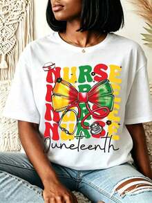 Camiseta de talla grande para mujer, diseño 1865 Juneteenth Liberty Celebration, estampado gráfico vintage con colores pan-africanos, cuello redondo de algodón, manga corta, ajuste cómodo, casual y llamativa, adecuada para desfiles de Juneteenth, eventos culturales y uso diario - Diseño tradicional afroamericano con lazo de Nurse Juneteenth, lavable a máquina y adecuada para todas las estaciones, regalos para el Mes de la Historia Negra. - Negro - Ver 7